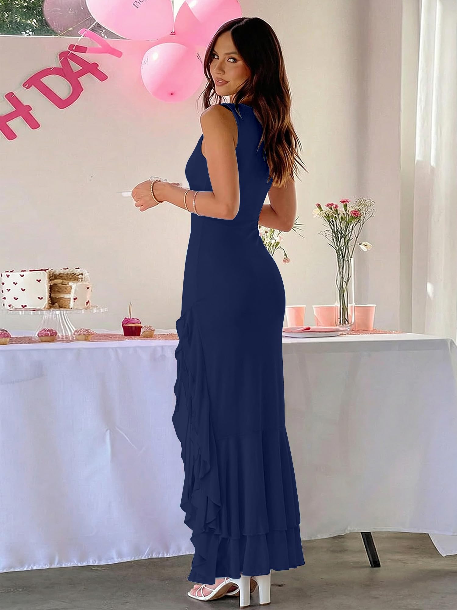 BORIFLORS Women's Elegant Bodycon Ruched Maxi Cocktail Dress Mesh Sleeveless Mermaid Ruffle Beach Wedding Guest Long Dresses