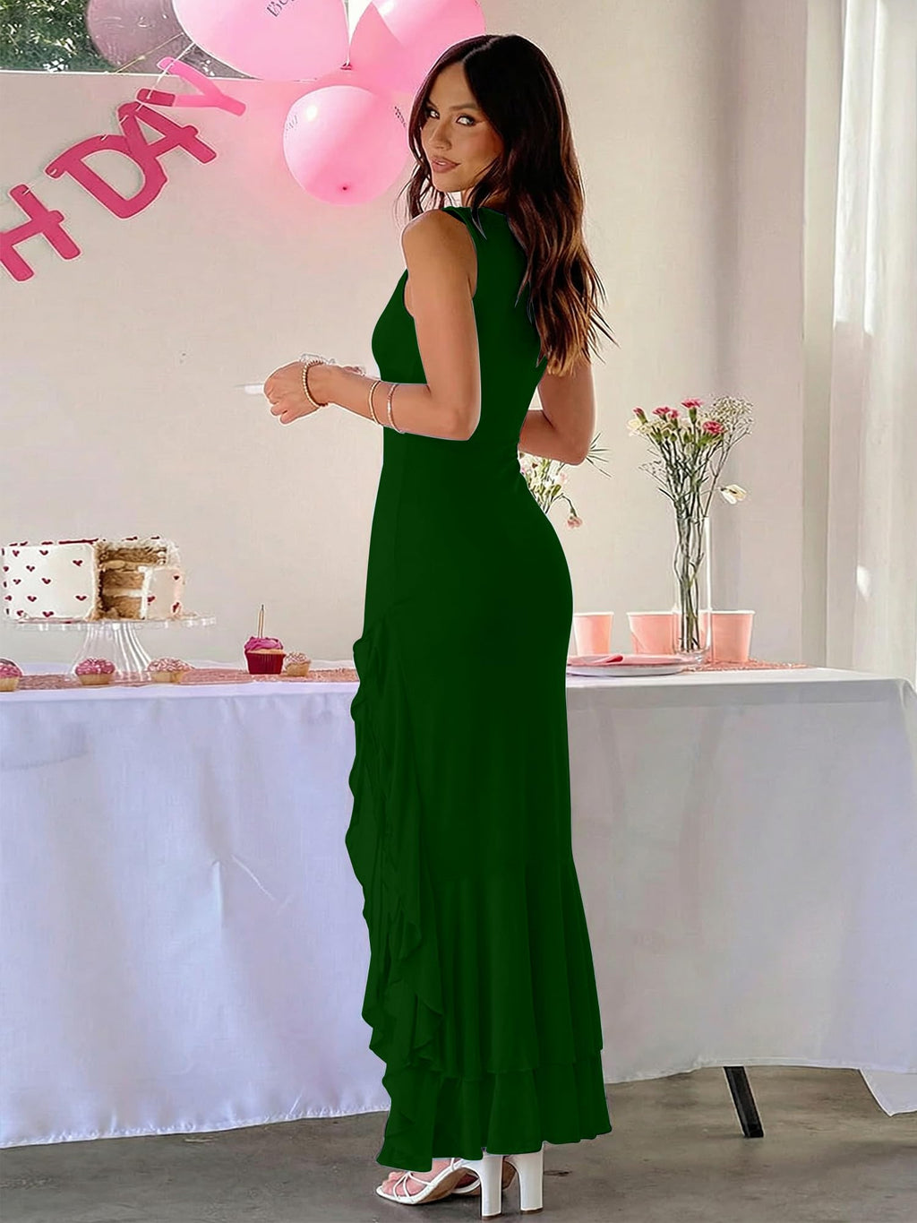 BORIFLORS Women's Elegant Bodycon Ruched Maxi Cocktail Dress Mesh Sleeveless Mermaid Ruffle Beach Wedding Guest Long Dresses