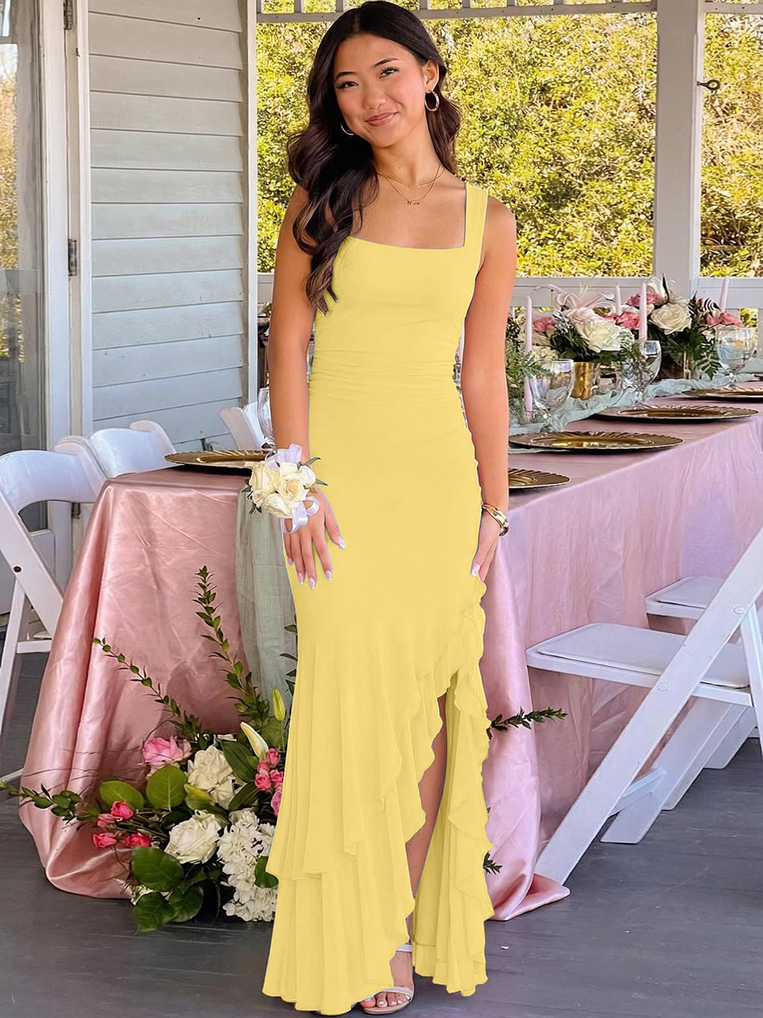 BORIFLORS Women's Elegant Bodycon Ruched Maxi Cocktail Dress Mesh Sleeveless Mermaid Ruffle Beach Wedding Guest Long Dresses
